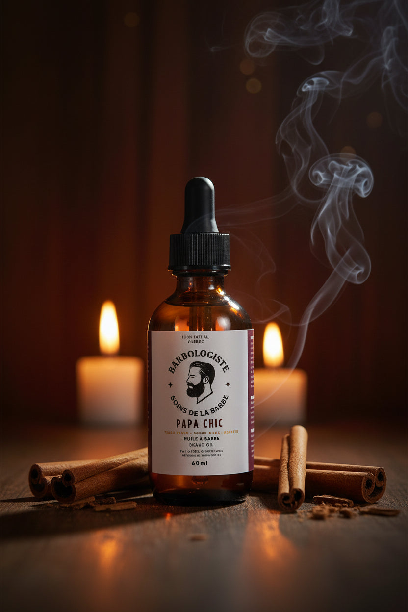 Bouteille d'huile à barbe Papa Chic avec un fond sombre, deux chandelles et de l'écorce de canelle. 